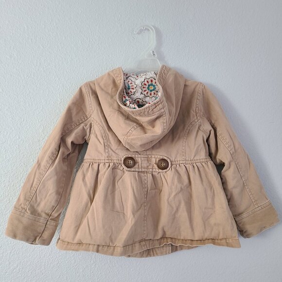 Baby Gap Toddler Girls Tan Hooded Peacoat Jacket with Floral Lining Size 5 - Picture 4 of 14